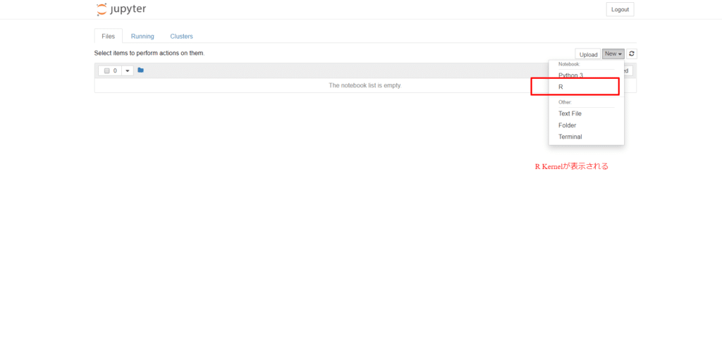 起動してから、NewをクリックするとRカーネルが使えるようになった。